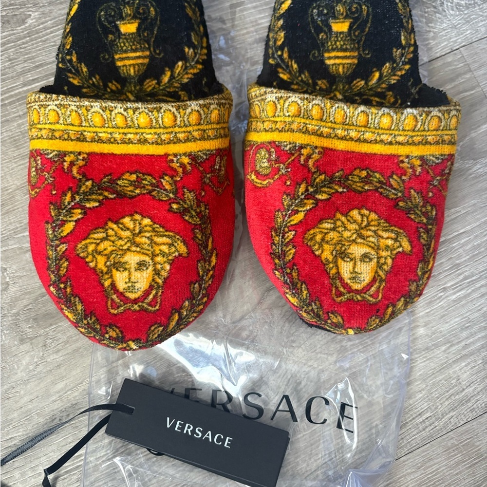 Versace Baroque Red and Gold Medusa Slippers